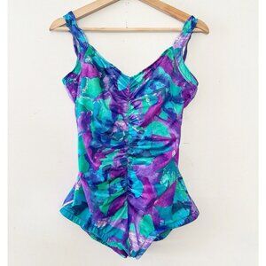 Vintage Retro Blue One Piece Swim Swimwear Swimsuit Bathing‎ Suit Tummy Control